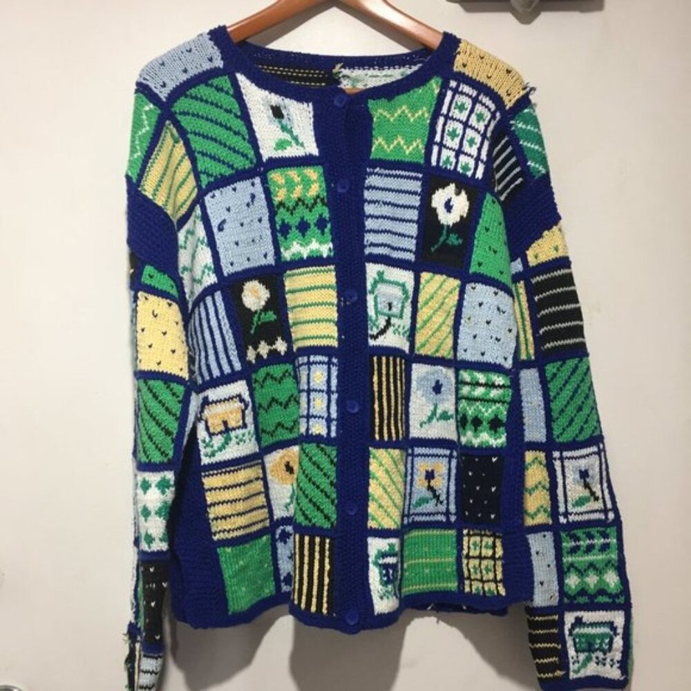 VINTAGE HAND KNITTED QUILTED CARDIGAN SWEATERS SIZE XL